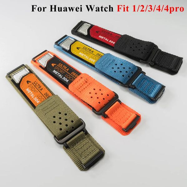 Multiple breathable nylon sport bands for Huawei Watch Fit series in black, red, yellow, and blue colors