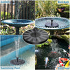 A collection of solar powered water fountains used for gardens, bird baths, swimming pools, and fish ponds.