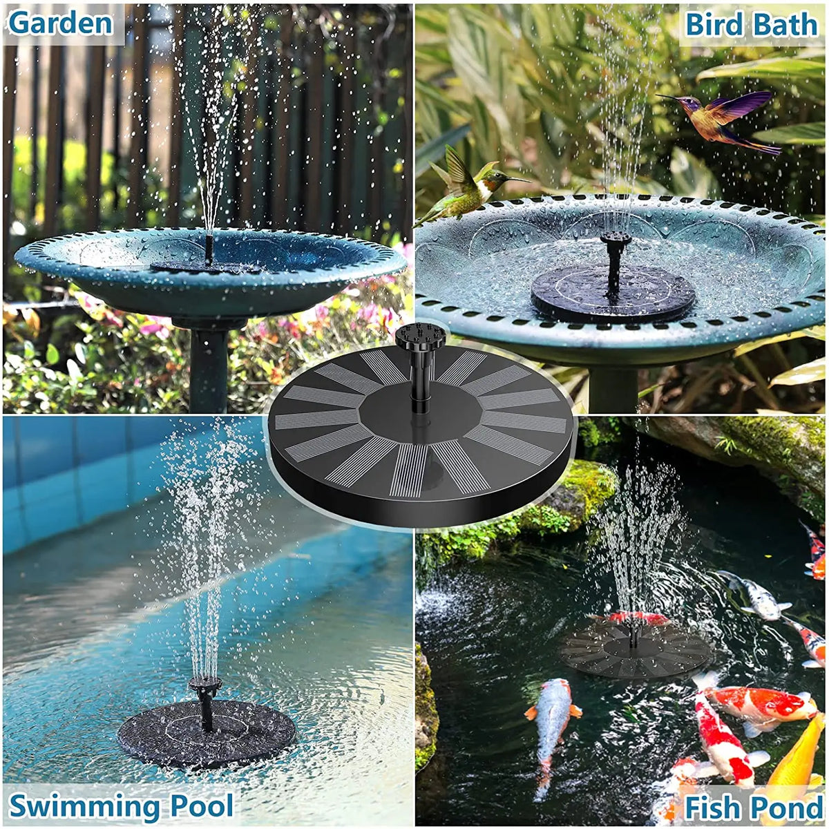 A collection of solar powered water fountains used for gardens, bird baths, swimming pools, and fish ponds.
