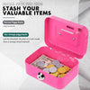 Pink storage box for kids with a lid showing coins and a note