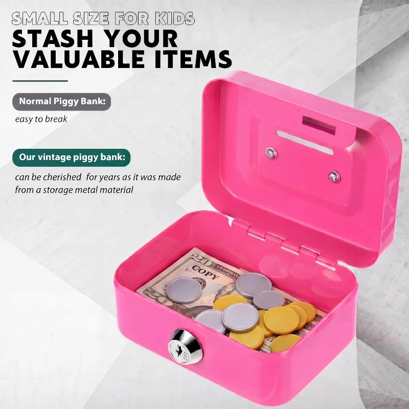 Pink storage box for kids with a lid showing coins and a note