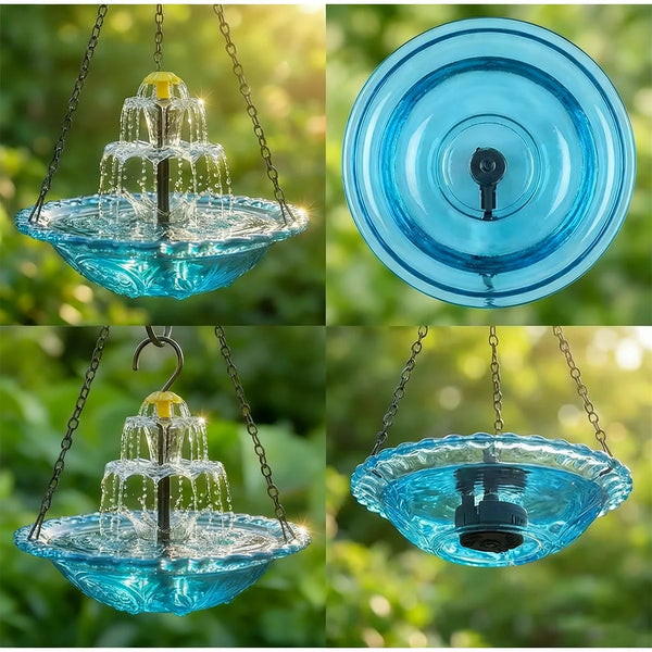 A solar-powered hanging bird bath fountain with a glass bowl, featuring cascading water and a blue glass design.