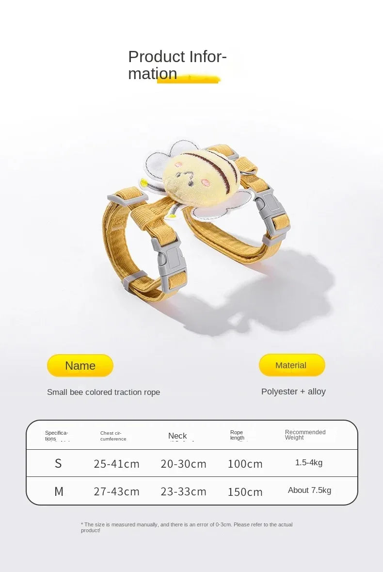 Set of yellow and white cartoon bee traction rope harness and leash for pets.