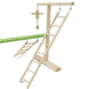 A wooden bird ladder with hooks used for climbing and perching, featuring a green rod.