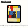 A geometric cat scratching board featuring a black cat silhouette on a colorful fabric background.