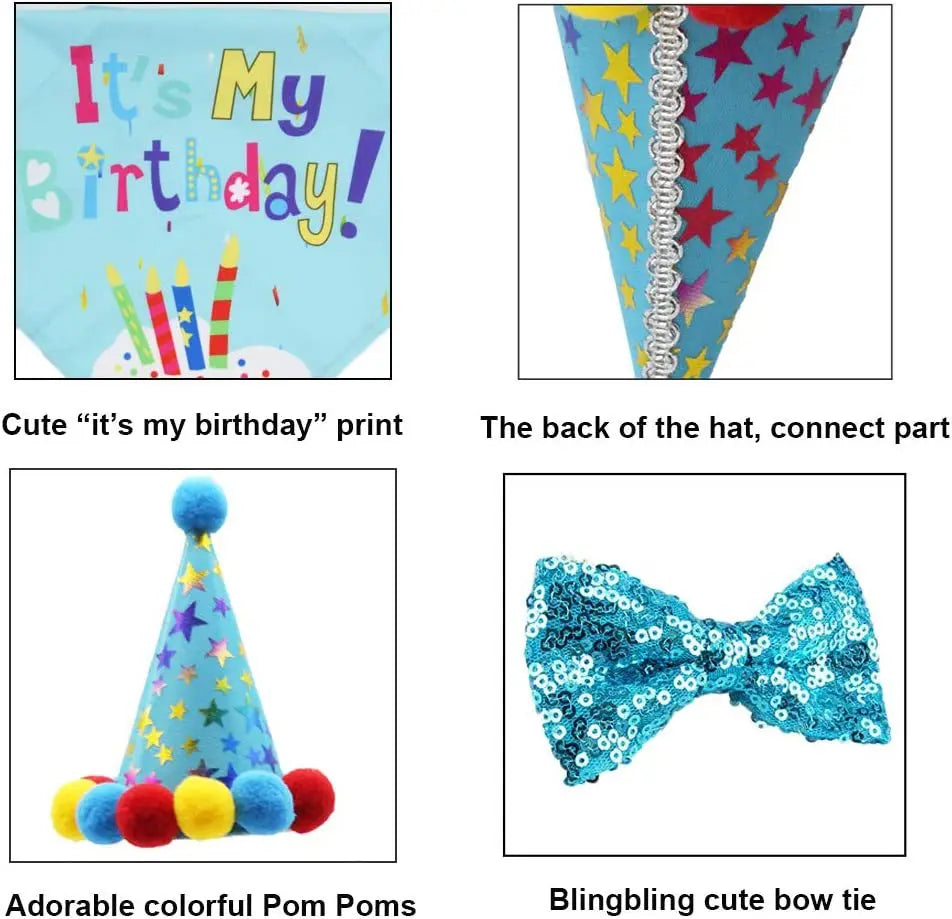A set of pet birthday outfits featuring a blue shirt with 'It's My Birthday!' print, a conical hat, colorful pom-poms, and a 
