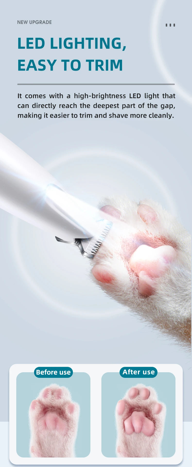Nahaufnahme einer Katzenpfote, die mit einem LED-Licht und einem Elektrowerkzeug zum Nageln und Trimmen bearbeitet wird.