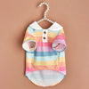 A striped polo shirt for a small dog featuring pastel horizontal stripes and white trim.