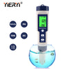 A digital water quality meter measures salinity, pH, TDS, and EC in a clear glass container of water.