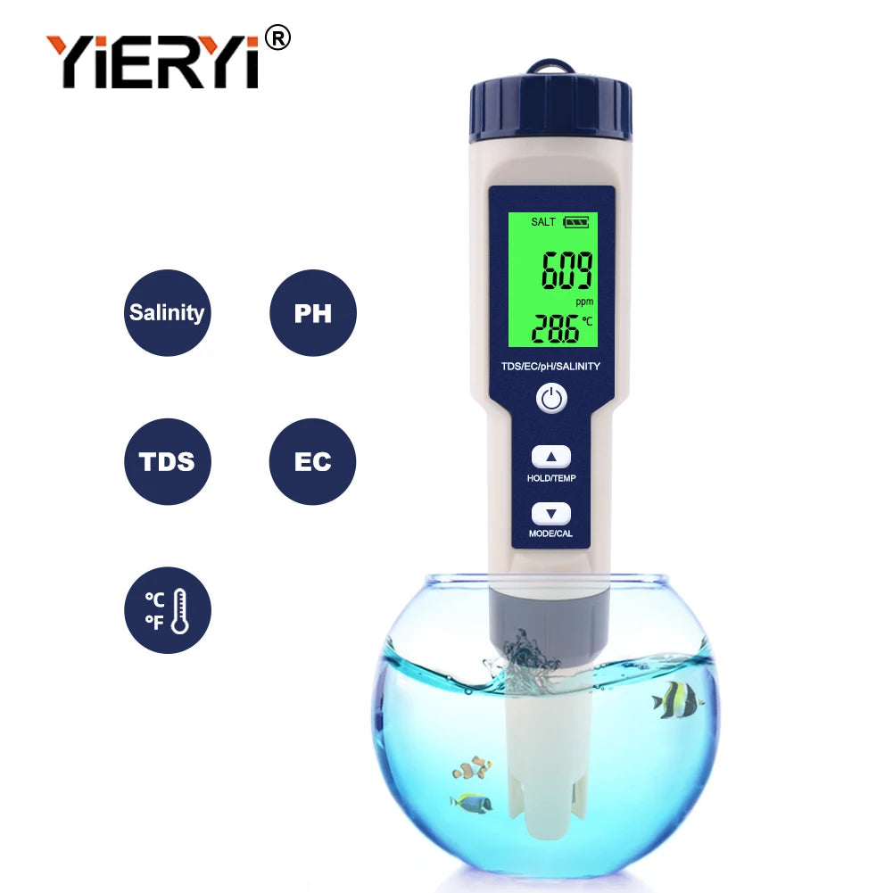 A digital water quality meter measures salinity, pH, TDS, and EC in a clear glass container of water.