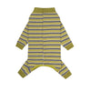 A yellow and navy striped four-legged pet jumpsuit made of soft polyester fabric.