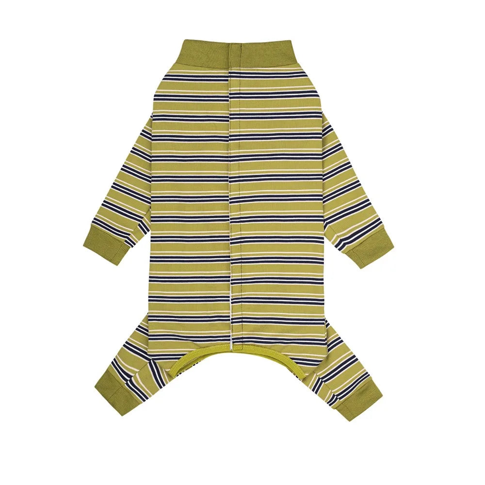 A yellow and navy striped four-legged pet jumpsuit made of soft polyester fabric.