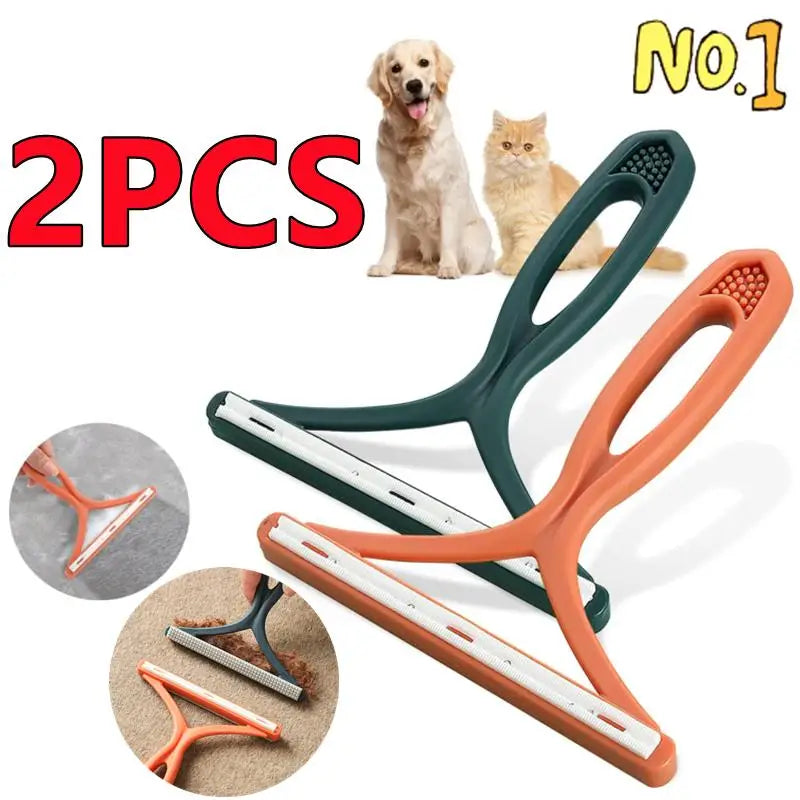 Two silicone double-sided pet hair and lint removers are shown with a dog and a cat for comparison.
