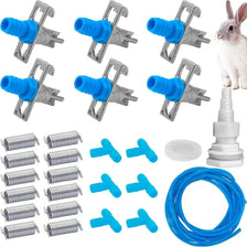A set of automatic rabbit drinking nipple waterers in various sizes and colors, including blue and gray plastic components.