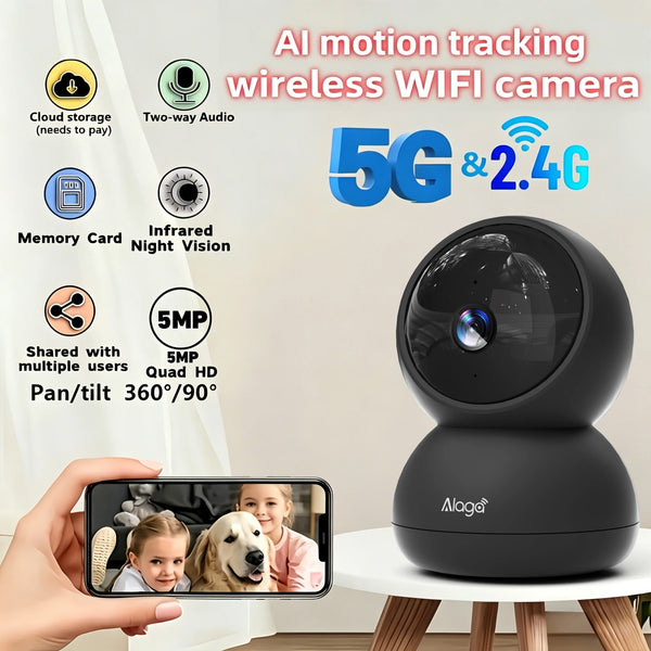 A black AI motion tracking wireless WiFi camera is shown next to a smartphone, demonstrating its pet security features.
