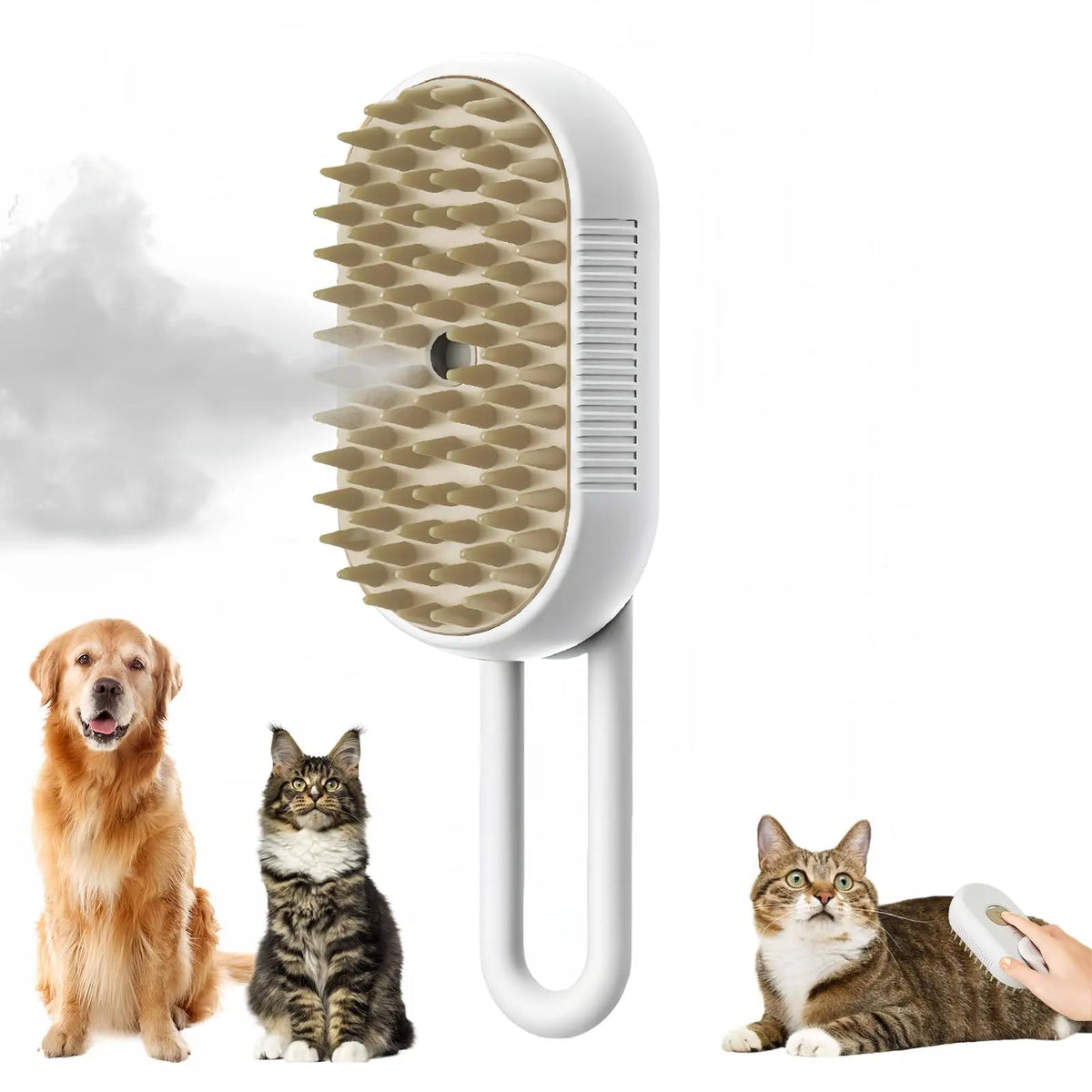 A white electric pet grooming brush with a silicone comb is shown next to a dog and a cat.