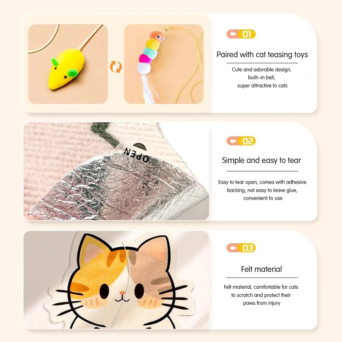 A wall-mounted cat scratcher featuring a hanging toy and felt material for cats.