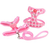 Pink adjustable pet harness and leash set for dogs with a strawberry design