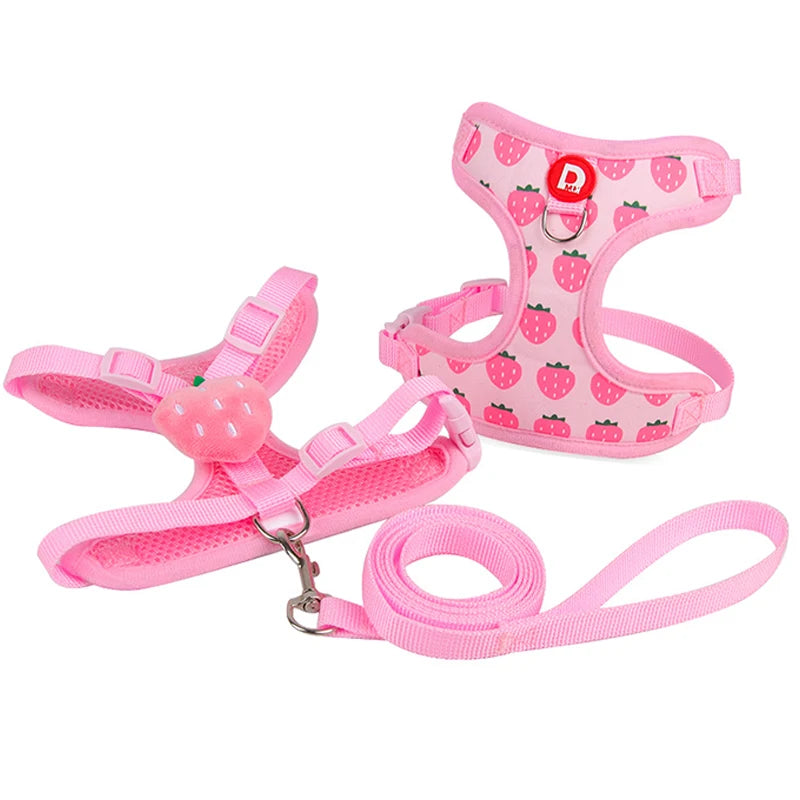Pink adjustable pet harness and leash set for dogs with a strawberry design