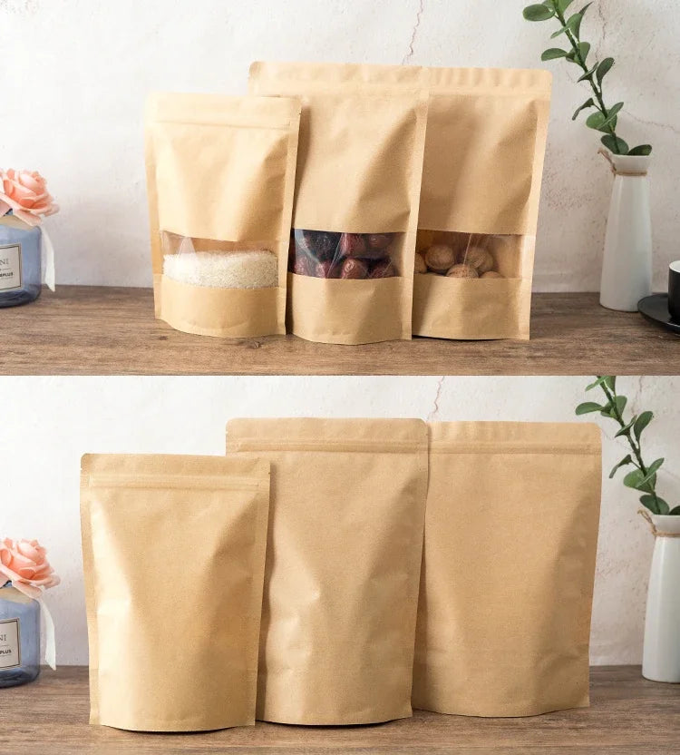 Three reusable kraft paper zipper bags filled with dried ingredients are displayed on a wooden shelf.