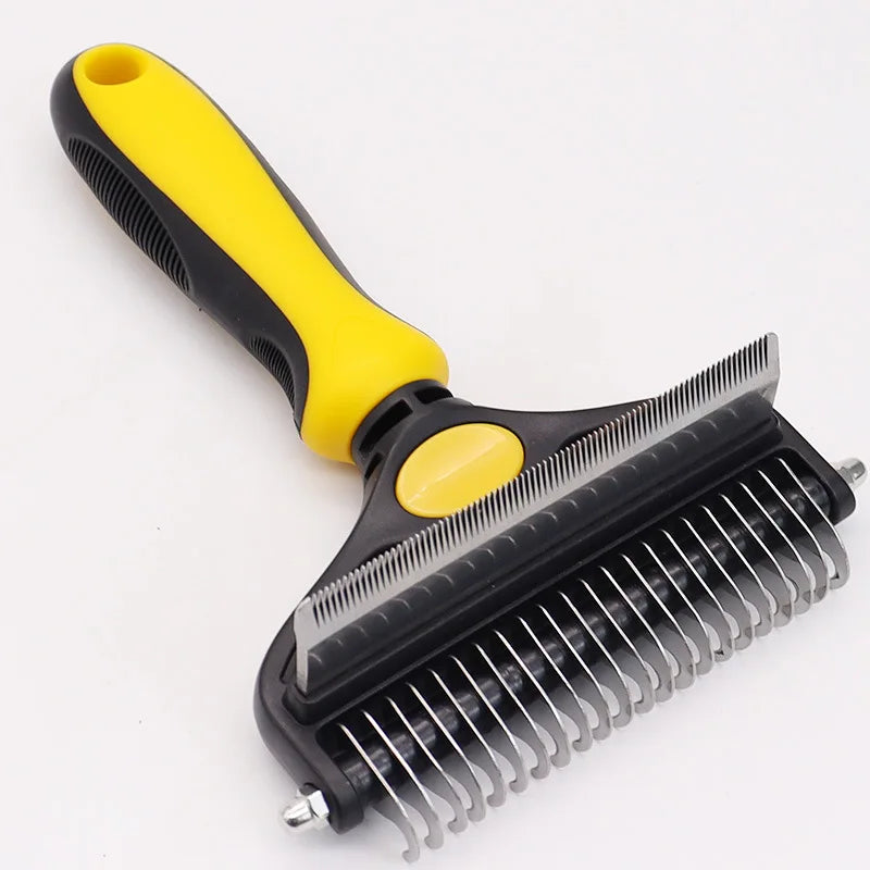 A black and yellow 3-in-1 deshedding brush for dogs and cats with a curved handle.
