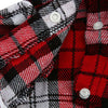 Close-up of a plaid button-up shirt featuring red, black, and white checkered patterns.