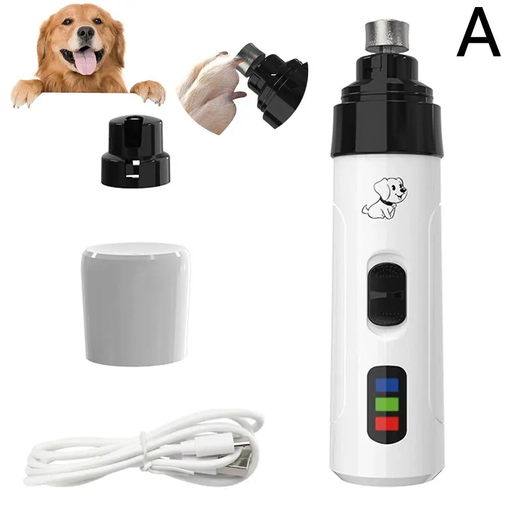 A set of quiet rechargeable pet nail grinders for dogs and cats including the device, attachments, and charging cable.