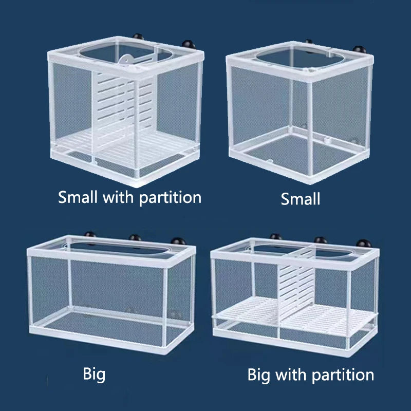 Four clear acrylic fish breeding isolation boxes of different sizes and configurations with suction cups