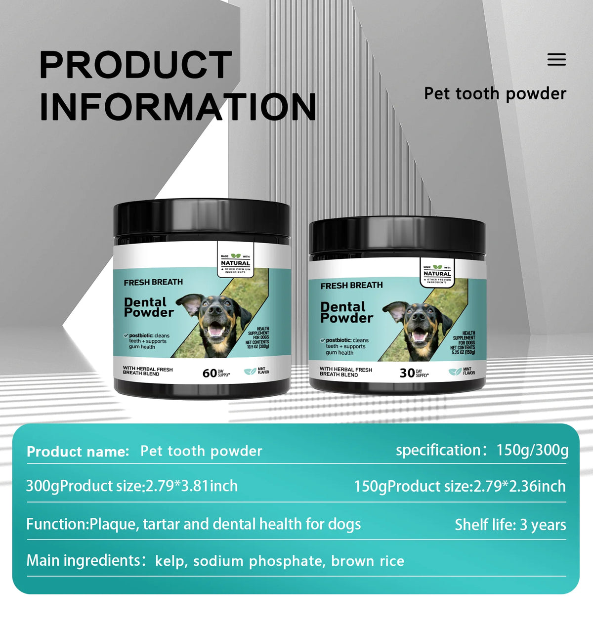 Two jars of dental powder for pets, labeled Fresh Breath Dental Powder, with ingredients listed below.