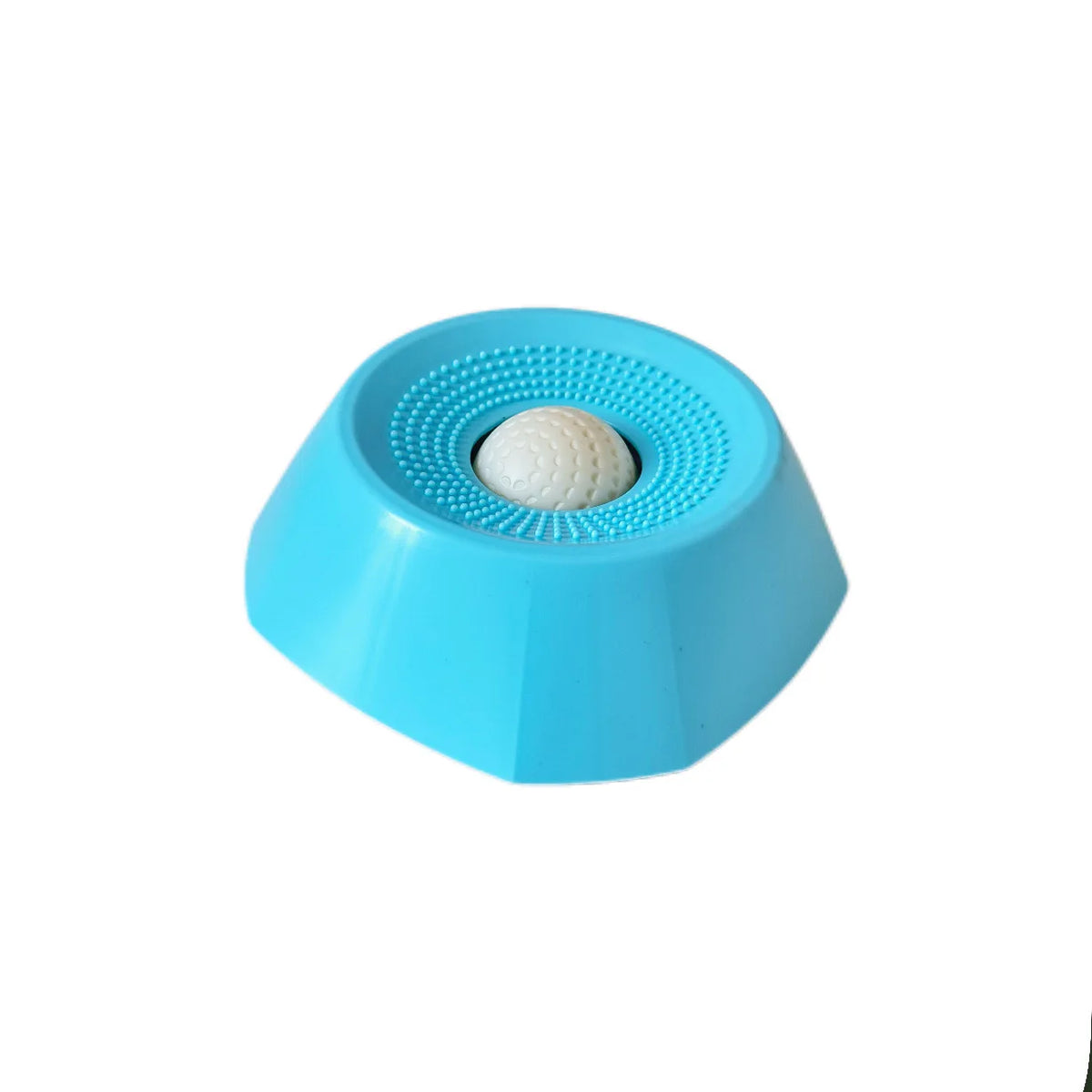 A light blue interactive slow feeder dog bowl with a textured silicone insert and a white ball inside.