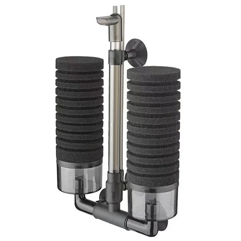 A stainless steel aquarium bio sponge filter with a surface skimmer assembly.