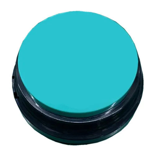 A teal colored buzzer or button with a black casing for pet communication recording.