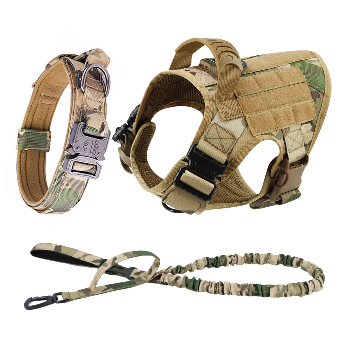 A tan and green patterned dog harness and leash set for training and walking.