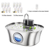 Stainless steel cat water fountain with a visible filter element and water flow