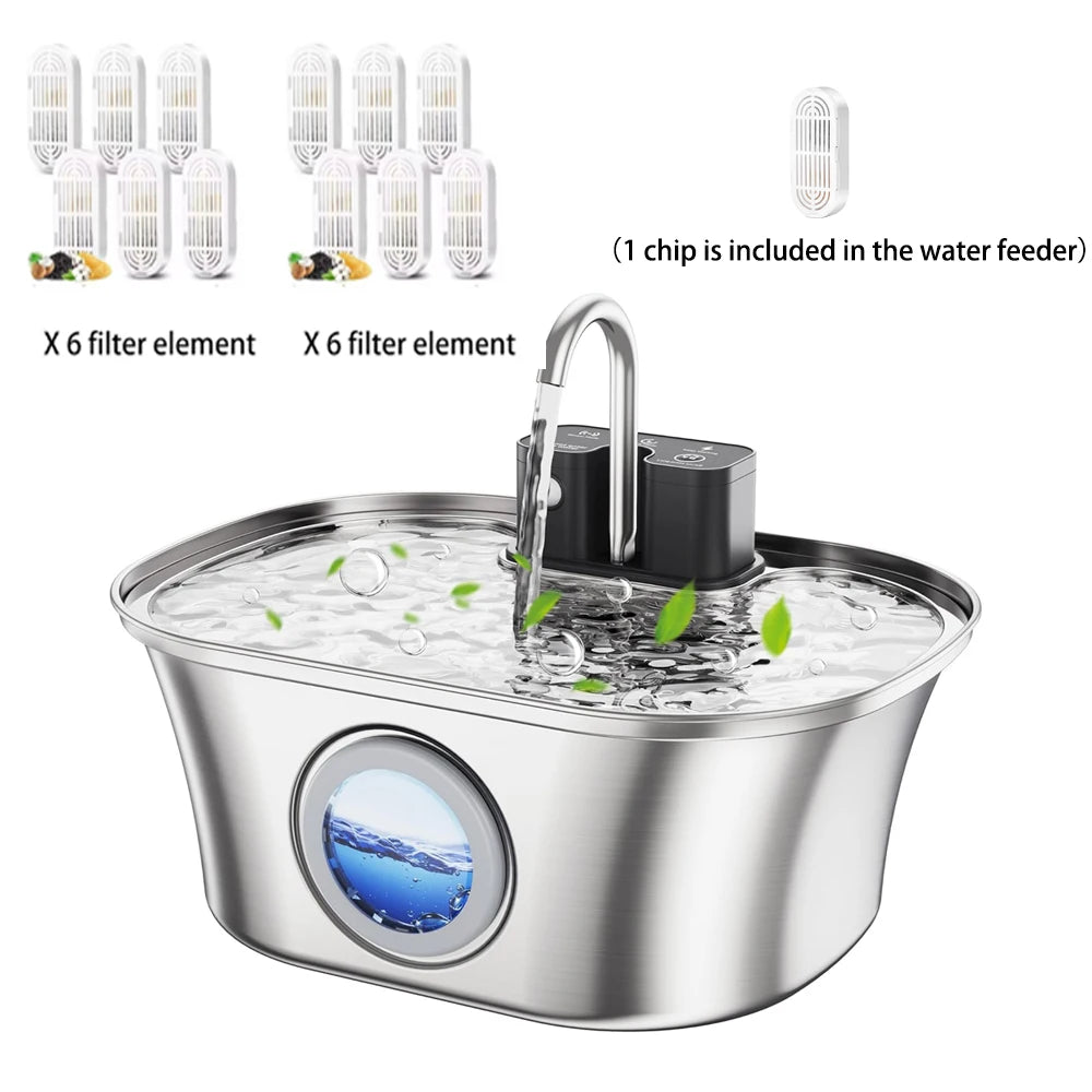 Stainless steel cat water fountain with a visible filter element and water flow