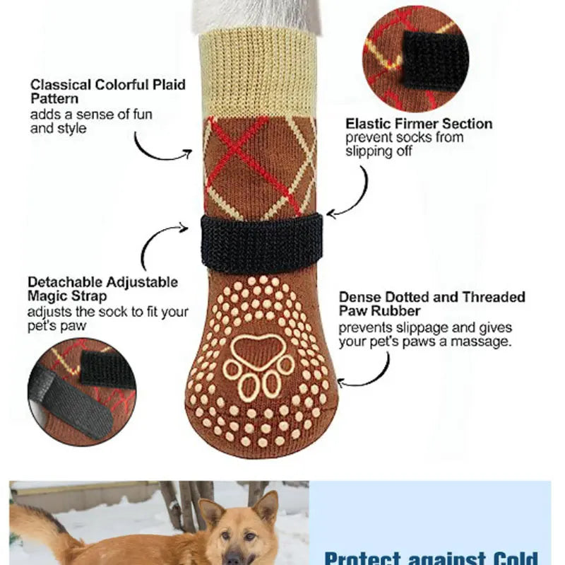 A set of anti-slip dog traction socks with a colorful plaid pattern and a detachable magic strap for grip.