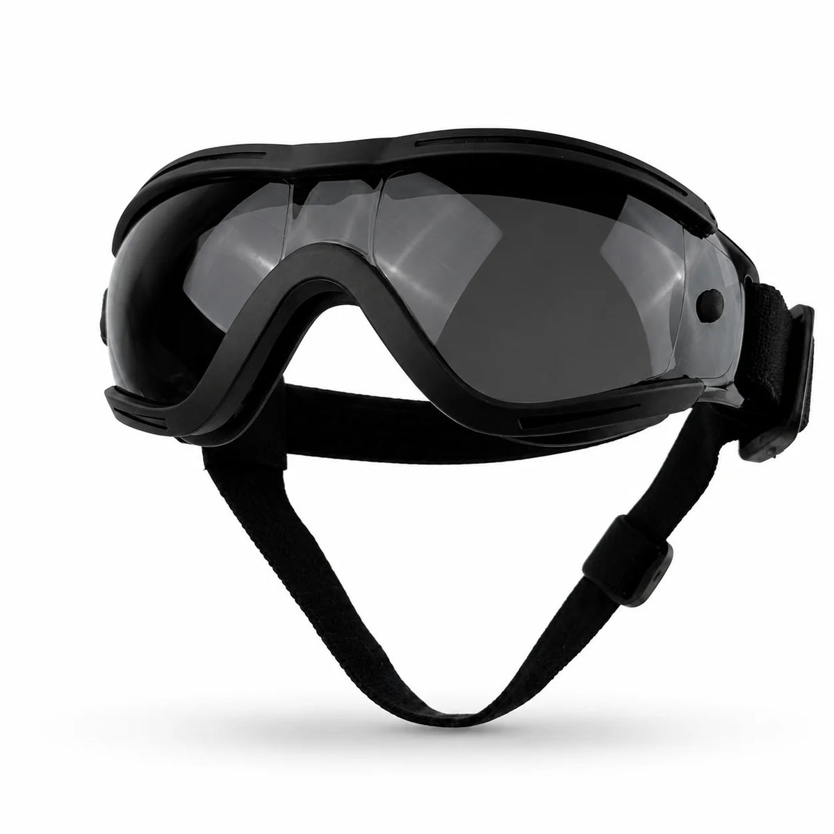 A pair of black adjustable pet sunglasses for dogs shown against a white background.
