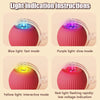 Light indication instructions showing blue, purple, yellow, and red light modes on a pink rolling ball toy.