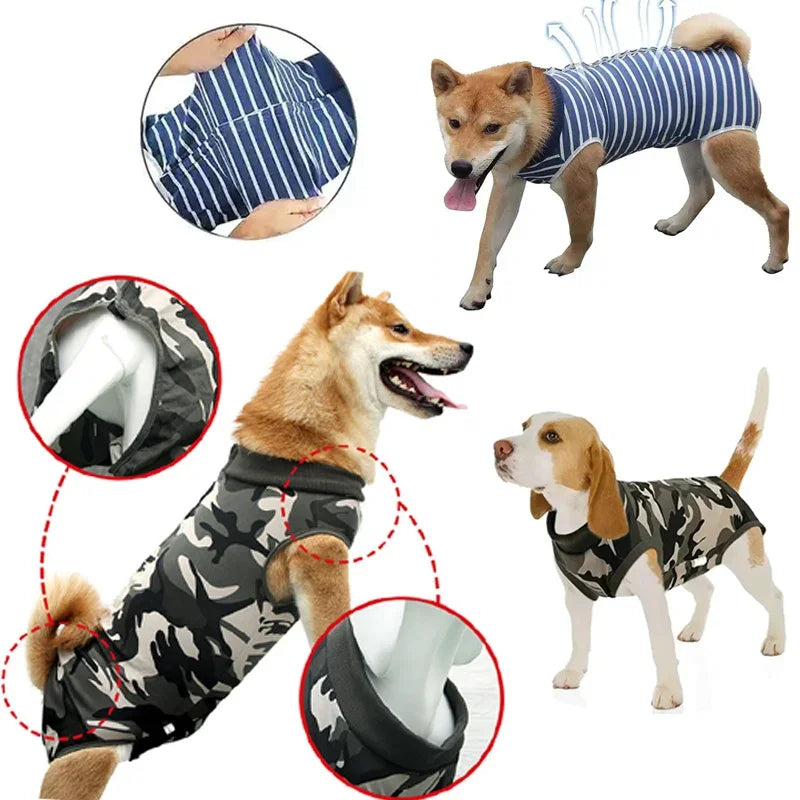 A collection of breathable pet recovery suits for dogs and cats shown on a dog, cat, and human model.