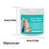 A white jar of pet ear cleaner finger wipes for dogs and cats, showing a dog and a cat using the wipes.