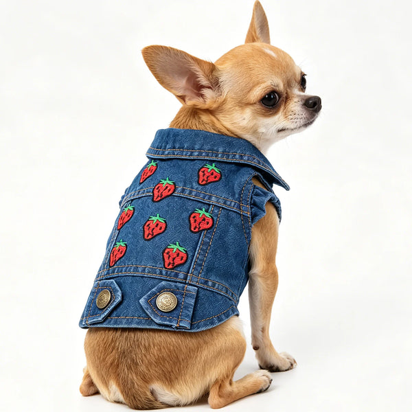 A small, light brown dog wearing a denim pet jacket decorated with red strawberries.