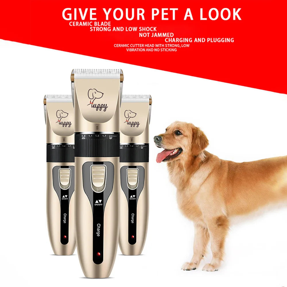 Three professional pet hair clippers in gold and black are shown next to a happy dog.