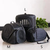 Three black breathable pet carrier backpacks labeled L, M, and S are displayed on a white surface.