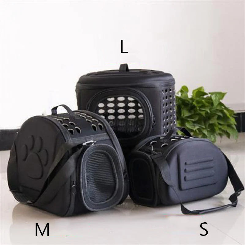 Three black breathable pet carrier backpacks labeled L, M, and S are displayed on a white surface.