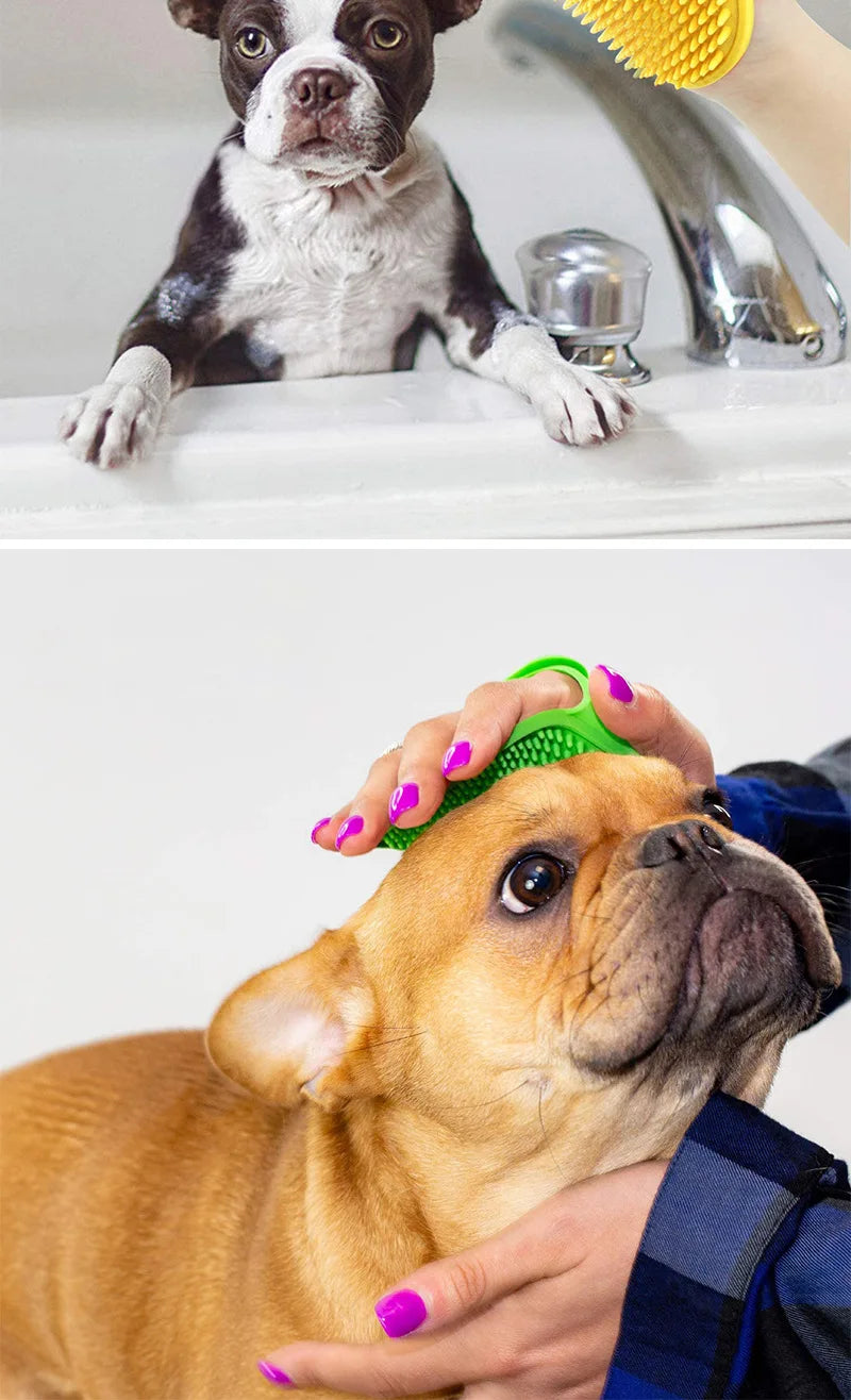 A brown dog is being groomed with a green rubber pet grooming brush by a person.