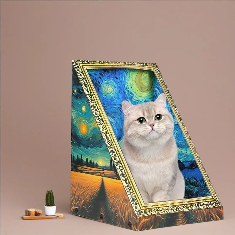 A framed artwork featuring a cat in a mystical blue and green landscape.