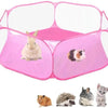 A pink portable pet playpen with mesh sides, showing various small animals inside.