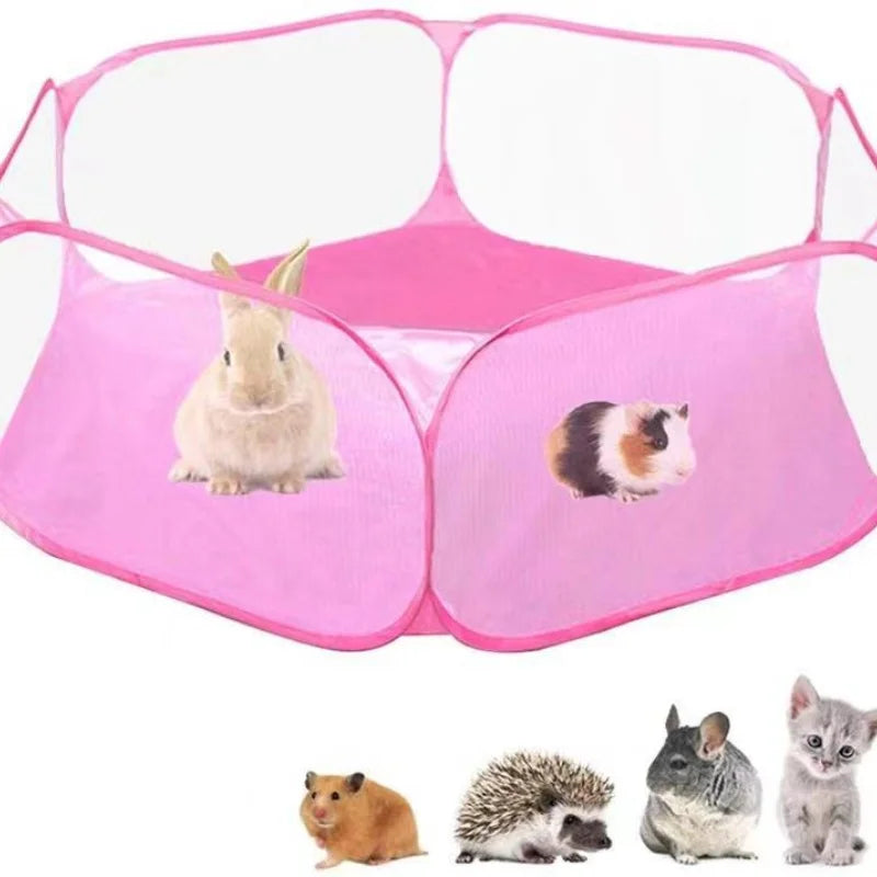 A pink portable pet playpen with mesh sides, showing various small animals inside.