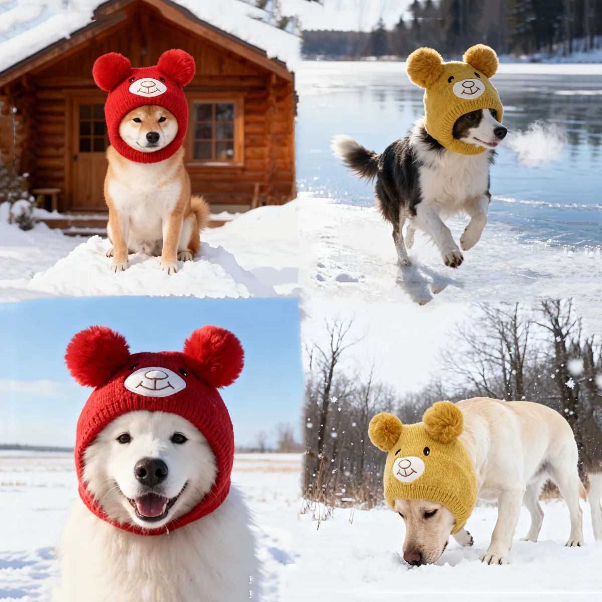 A set of knitted dog scarf and hat with bear ears shown on a dog and in a snowy outdoor setting.