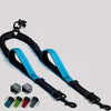 Dual dog leash coupler with padded handles and shock-absorbing bungee in black and blue.